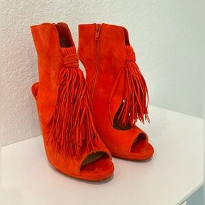 Vibrant Orange Peep-Toe Fringe Booties